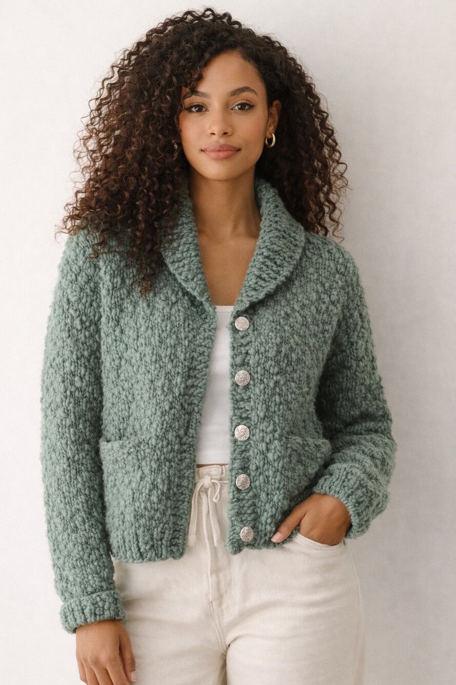 Handmade Chunky Knit Cardigan Sweater Green Shawl Collar Cozy Cottagecore Boho